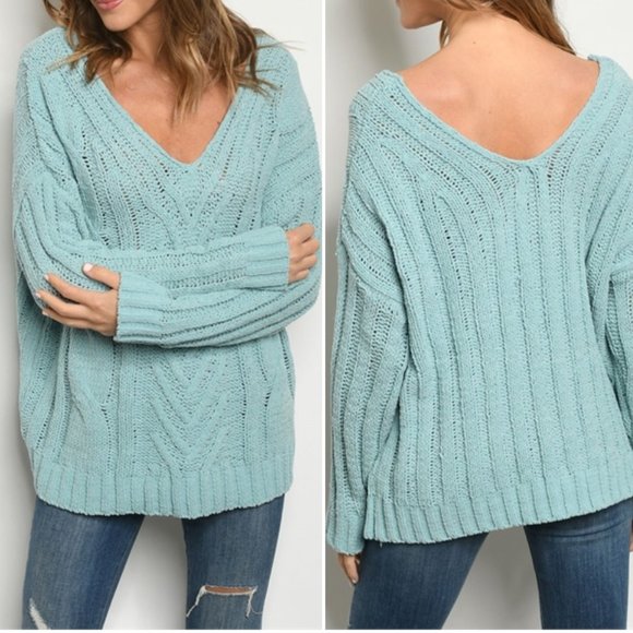 BLUE V NECK KNIT SWEATER TUNIC TOP - Picture 1 of 4